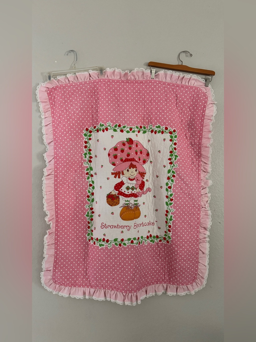 90’s Vintage Strawberry Shortcake Pink Polka Dot Large Quilt
